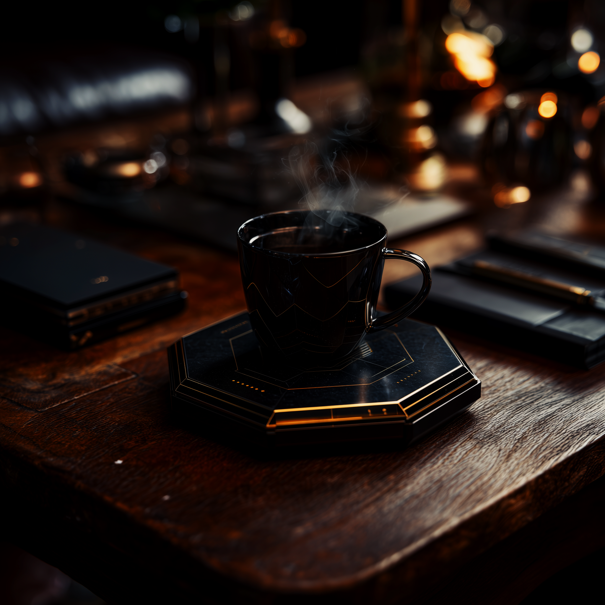 Aegis Smart Coaster — an obsidian octagonal coaster inlaid with gold beneath a dark cup of coffee on a luxury table.