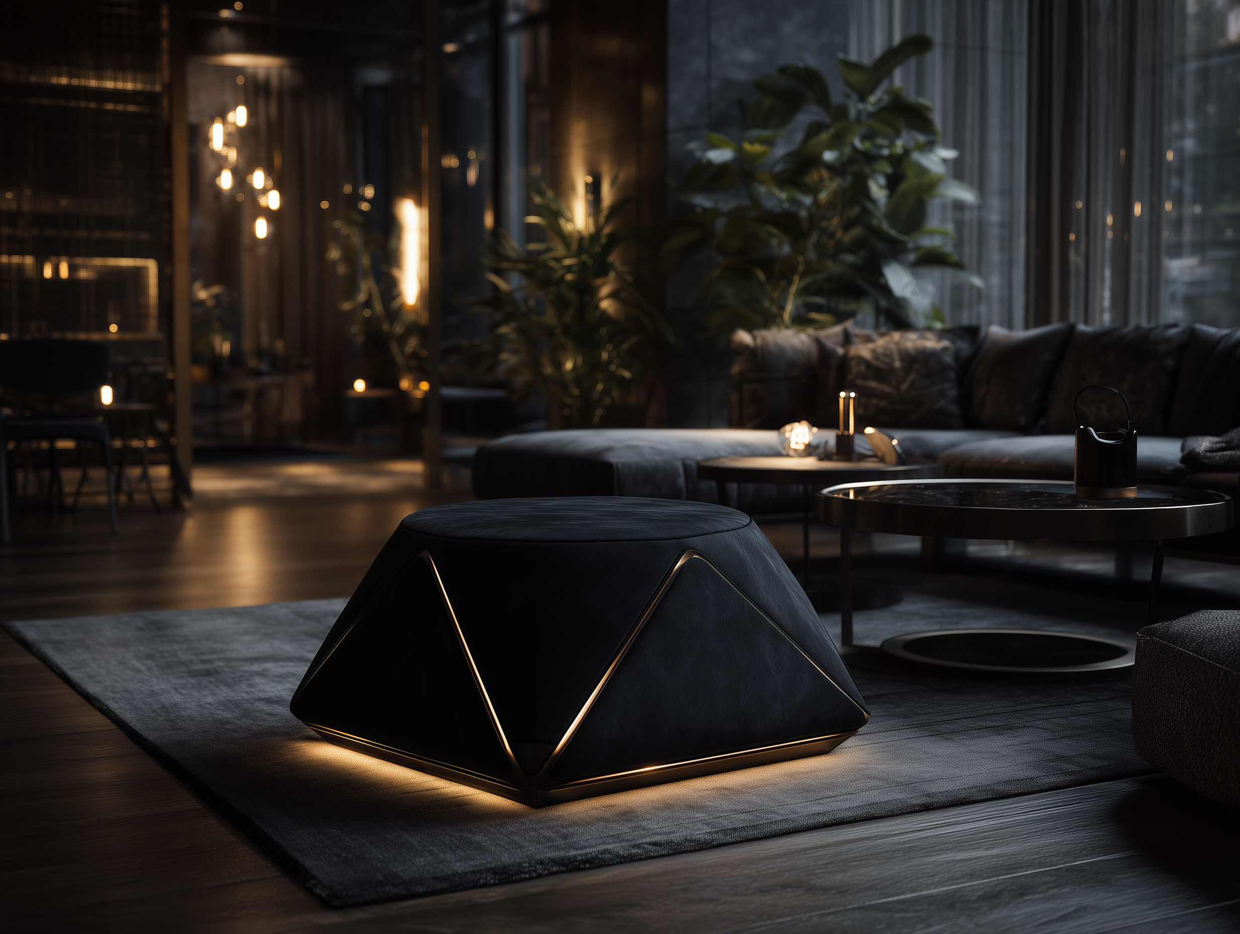Atlas Smart Ottoman — a black faceted ottoman glowing with gold edge-light in a dark luxury lounge.